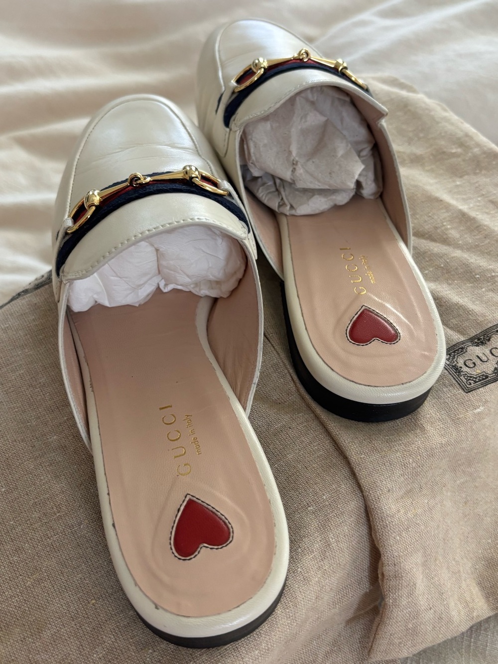 Gucci White Leather Mule Loafers with Red & Navy Web and Gold Horsebit - Picture 4 of 12